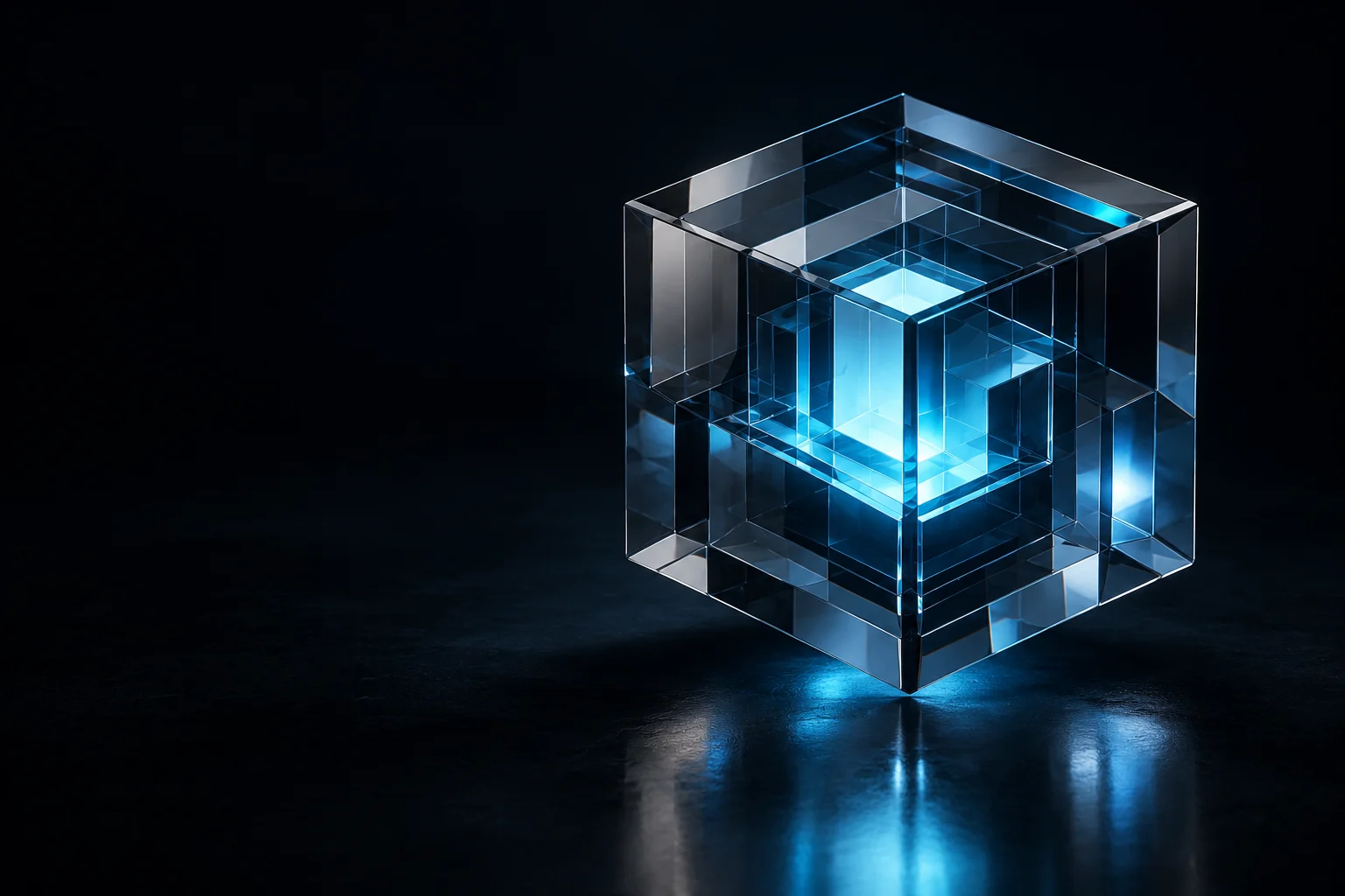 Layered smoked-glass prism surrounding a luminous blue core